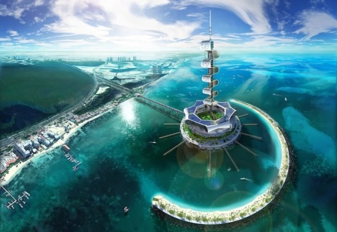 Grand Cancun, clean energy, renewable energy, solar power, wave energy, offshore eco-platform, wind energy, rainwater harvesting, desalination, Cancun 50th anniversary, green design, sustainable design, ocean cleanup system, zero carbon footprint