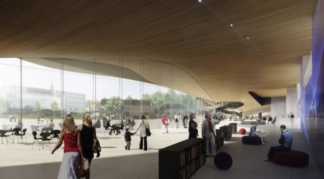 Central Helsinki Library, ALA Architects, 3D parametric design, green design, sustainable design, eco-design, passive design, daylighting, prefabricated design, library design in Finland, locally-sourced materials, Siberian larch cladding, ultra modern library,
