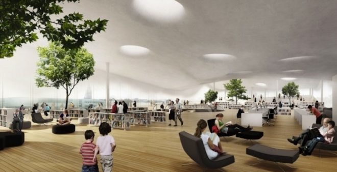 Central Helsinki Library, ALA Architects, 3D parametric design, green design, sustainable design, eco-design, passive design, daylighting, prefabricated design, library design in Finland, locally-sourced materials, Siberian larch cladding, ultra modern library,