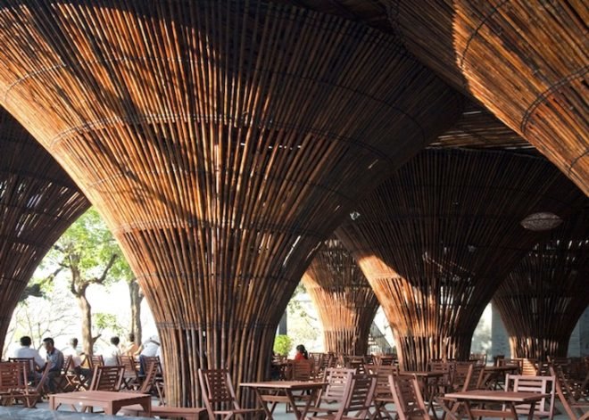bamboo, bamboo cafe, bamboo restaurant in Viet Nam, smoke-dried bamboo, Vo Trong Nghia Architects, green design, sustainable design, eco-design, sustainable materials, green materials, natural light,