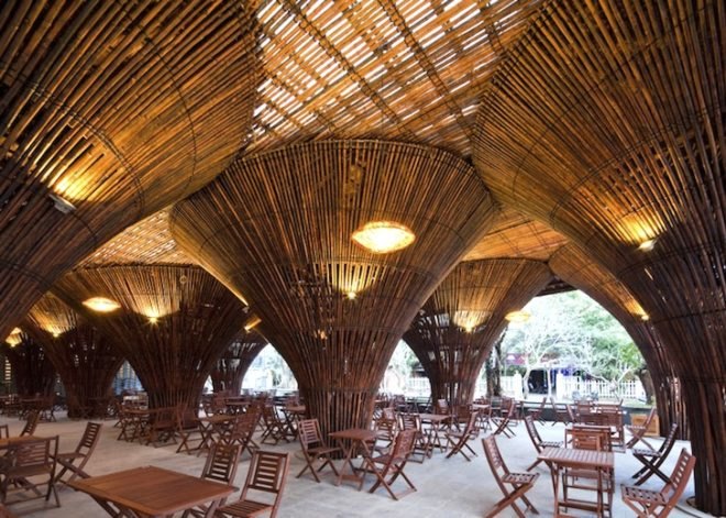 bamboo, bamboo cafe, bamboo restaurant in Viet Nam, smoke-dried bamboo, Vo Trong Nghia Architects, green design, sustainable design, eco-design, sustainable materials, green materials, natural light,