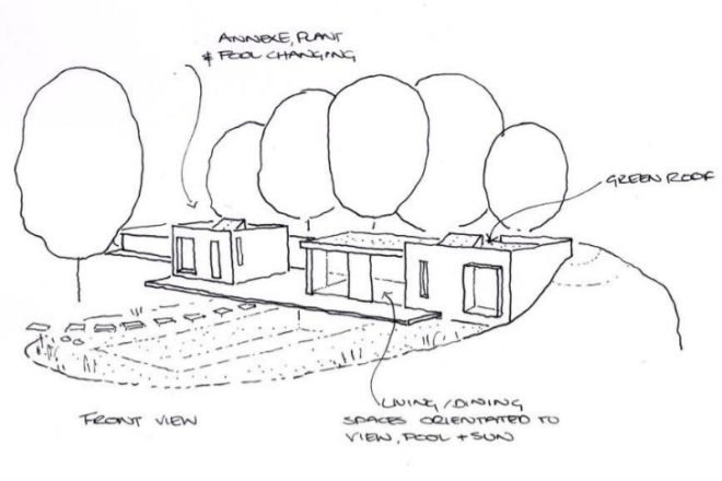 New Forest House, PAD Studio, new forest national park, green roof, earth bermed home, natural swimming pool, site sensitive