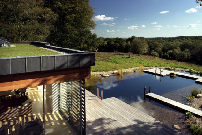 New Forest House, PAD Studio, new forest national park, green roof, earth bermed home, natural swimming pool, site sensitive