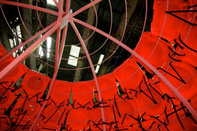 Planet: Under Construction PUC, Woods Bagot, PUC lighting installation Vivid Sydney, Vivid Sydney 2013, Vivid Sydney 2013 installations, interactive lighting installation, motion sensors light sculpture, light sculpture, Sydney art, green lighting, recycled materials, recycled light installation