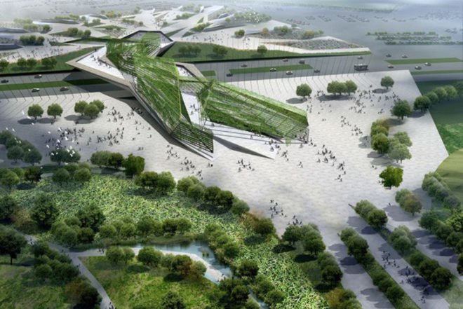 Plasma Studio, Guangyun Entrance Pavilion, China, Xi’an, International Horticultural Expo, web-like structure, steel structure, blue lights, green shade, London underground, Architecture, Green Events,