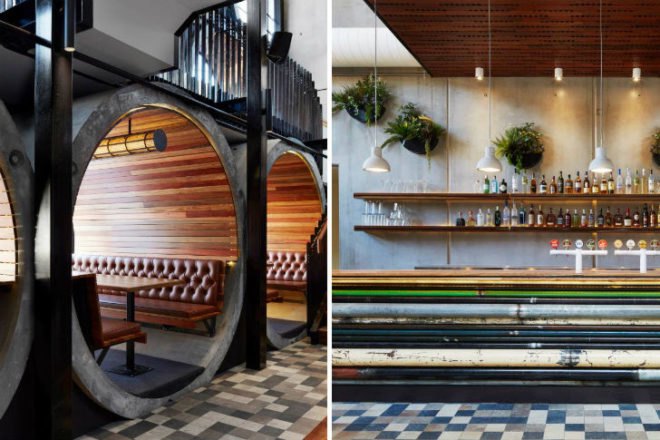Prahran Hotel, Techne Architects, melbourne, bar, pub, pipes, recycled materials, reclaimed materials, daylighting