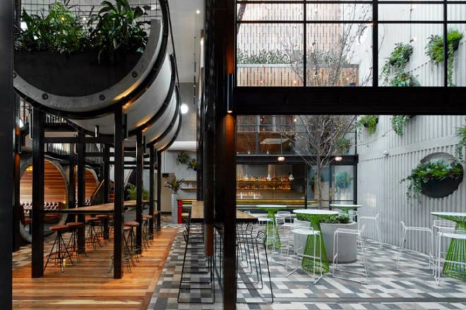 Prahran Hotel, Techne Architects, melbourne, bar, pub, pipes, recycled materials, reclaimed materials, daylighting