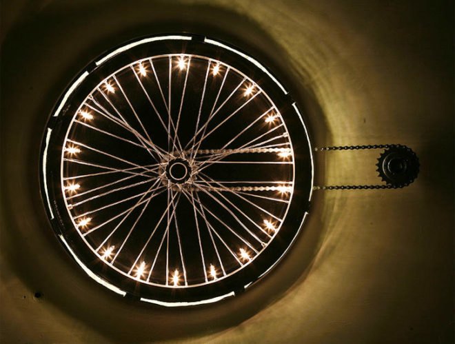 wheelight, Vasileios Roumeliotis, Roumelight, bike wheel, bicycle, bike, recycled bicycle wheel lamp, recycled materials, sustainable design, green design, green interiors, bike parts, recycled bike parts