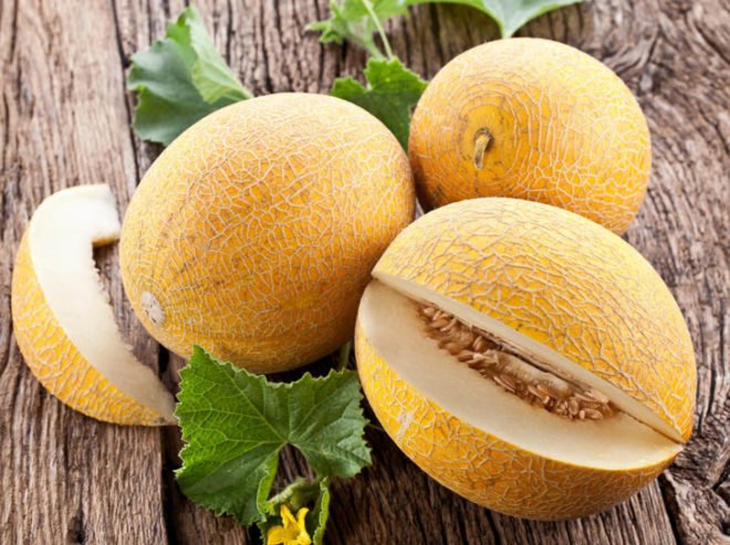 cantaloupe melons on wood table