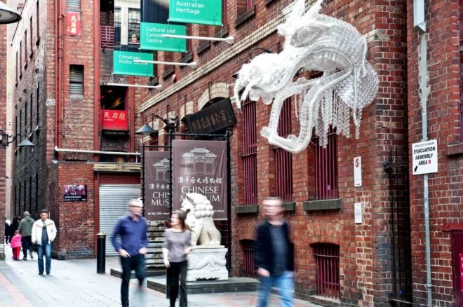 Water Dragon, Claire Tracey, recycled plastic bottles, plastic bottle sculpture, Chinese Museum, Melbourne