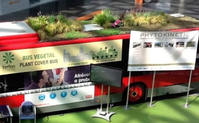 bescano, girona, green bus roof, green roof on bus, green space as air purifier, green space in cities, lightweight hydroponic foam, marc graben, photo kinetic, spain