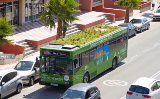 bescano, girona, green bus roof, green roof on bus, green space as air purifier, green space in cities, lightweight hydroponic foam, marc graben, photo kinetic, spain