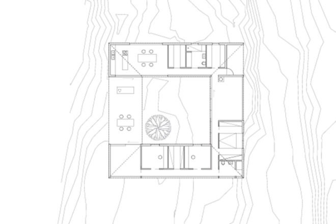 Reiulf Ramstad Arkitekter AS, Wood, Square House, norway, pine tree, trees growing inside, patio, forest, Architecture, Botanical, Daylighting