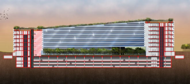 World Green Center, cCe Arquitectos, green-roofed buildings, passive facade, passive design, energy efficient facade, Chine architecture, Chile, sustainable building, reduce heat island effect, solar radiation, Santiago architecture, LEED certified building