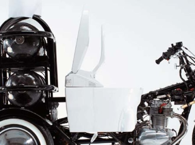 toilet, upcycle, reuse, sustainability, motorcycle