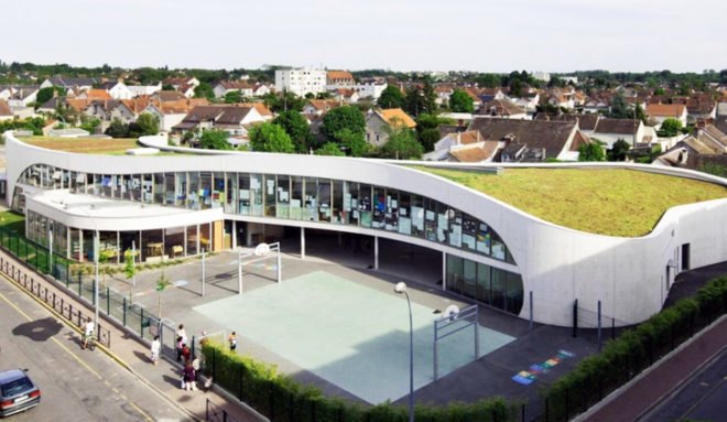 Richard + Schoeller, green roof, École Jean-Moulin, France, natural light, Architecture, Daylighting, green roof