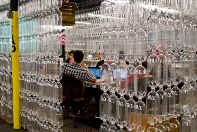 room divider bottles, room divider, divide a room, room divider ideas, how to divide a room, cool room divider, cool way to divide a room, tiny apartment, tiny home, small spaces, small space living