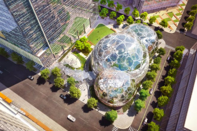 Amazon Headquarters, NBBJ, biospheres, seattle, eco campus, amazon, biosphere greenhouses, green headquarters