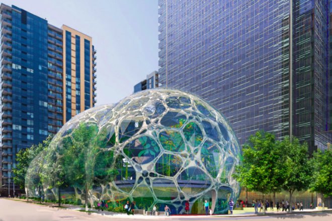 Amazon Headquarters, NBBJ, biospheres, seattle, eco campus, amazon, biosphere greenhouses, green headquarters