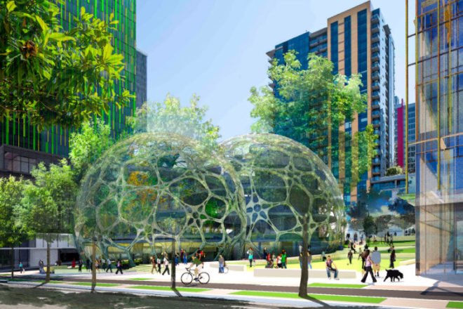 Amazon Headquarters, NBBJ, biospheres, seattle, eco campus, amazon, biosphere greenhouses, green headquarters