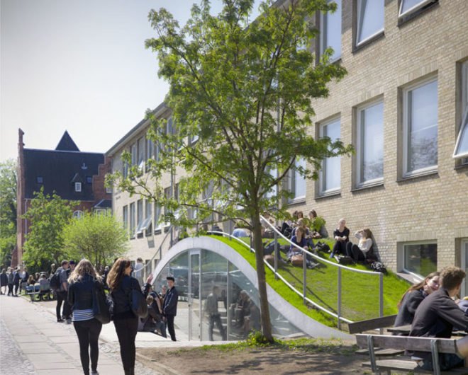 BIG, underground facility, form follows function, retrofit architecture, courtyard, custom benches, LED lighting, solar panels, underground architecture, organic courtyard