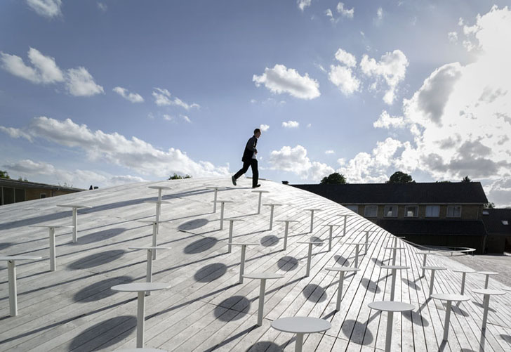 BIG, underground facility, form follows function, retrofit architecture, courtyard, custom benches, LED lighting, solar panels, underground architecture, organic courtyard