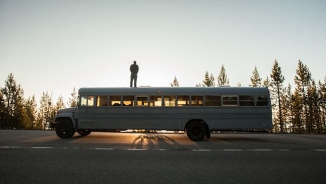 retrofit school bus, architecture final project, hank butitta, Justin Evidon, mobile home, led lighting, retrofit skylight, reclaimed flooring, reclaimed materials, school bus architecture, retrofit home,