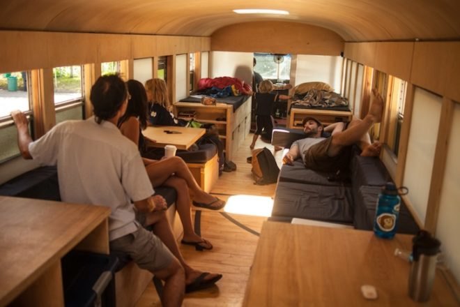 retrofit school bus, architecture final project, hank butitta, Justin Evidon, mobile home, led lighting, retrofit skylight, reclaimed flooring, reclaimed materials, school bus architecture, retrofit home,