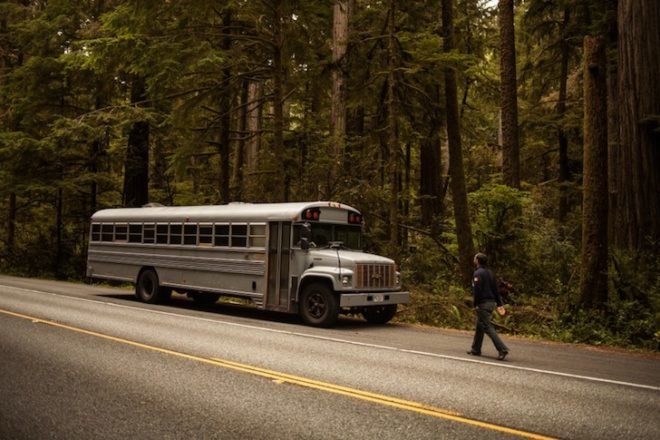 retrofit school bus, architecture final project, hank butitta, Justin Evidon, mobile home, led lighting, retrofit skylight, reclaimed flooring, reclaimed materials, school bus architecture, retrofit home,