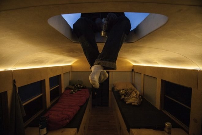 retrofit school bus, architecture final project, hank butitta, Justin Evidon, mobile home, led lighting, retrofit skylight, reclaimed flooring, reclaimed materials, school bus architecture, retrofit home,