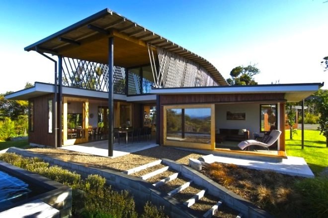 Tennent + Brown, Ngunguru House, New Zealand, forest canopy, bush camp house in New Zealand, coastal New Zealand, sustainable homes in New Zealand, green homes in New Zealand, eco architects New Zealand, natural light, passive solar design, green design, eco-design, daylighting, on-site wastewater treatment, rainwater harvesting homes