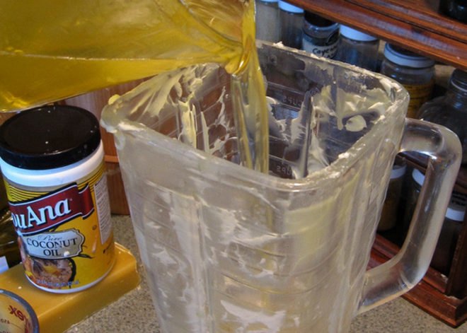 Pouring oil into blender