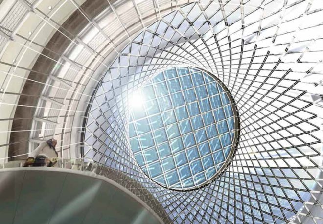 JCDA, Fulton Station NYC dome, net-reflector nyc, Grimshaw Architects, ARUP, cable net structure, NYC station pavilion, glass dome Fulton Center, responsive architecture, sustainable architecture, green technology