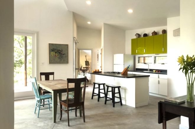 Ridge House, GriD Architects, West Virginia, sheet metal, Seneca Rocks, clerestory windows, natural lighting, passive solar design, winter solar gain, green design, sustainable design, eco-design, Potomac River, mountains of West Virginia, weekend home