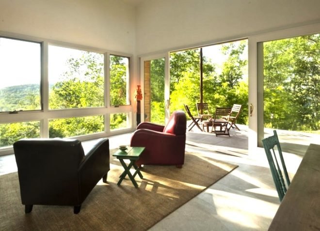Ridge House, GriD Architects, West Virginia, sheet metal, Seneca Rocks, clerestory windows, natural lighting, passive solar design, winter solar gain, green design, sustainable design, eco-design, Potomac River, mountains of West Virginia, weekend home