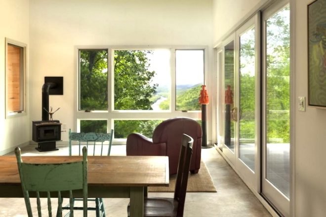 Ridge House, GriD Architects, West Virginia, sheet metal, Seneca Rocks, clerestory windows, natural lighting, passive solar design, winter solar gain, green design, sustainable design, eco-design, Potomac River, mountains of West Virginia, weekend home
