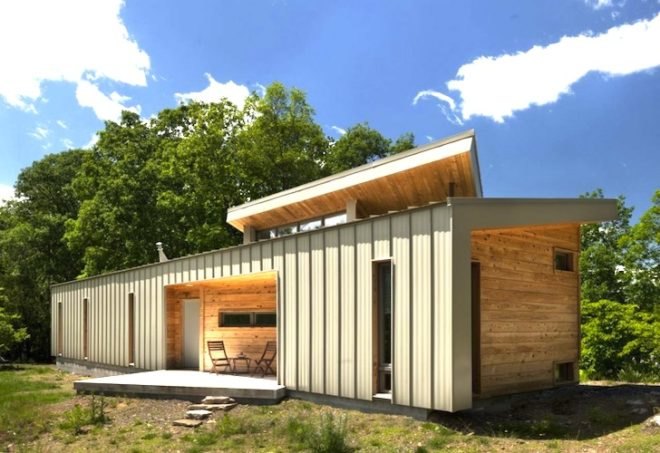 Ridge House, GriD Architects, West Virginia, sheet metal, Seneca Rocks, clerestory windows, natural lighting, passive solar design, winter solar gain, green design, sustainable design, eco-design, Potomac River, mountains of West Virginia, weekend home