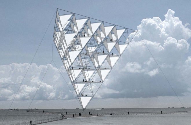 Tomas Saraceno, Solar Bell sculpture, Tomas Saraceno Solar Bell, flying sculpture, flying sculpture Rotterdam, Maasvlakte 2 Rotterdam, Rotterdam flying sculpture, solar panels, solar energy, wind power, flying buildings, renewable energy sources, green design, eco-friendly art