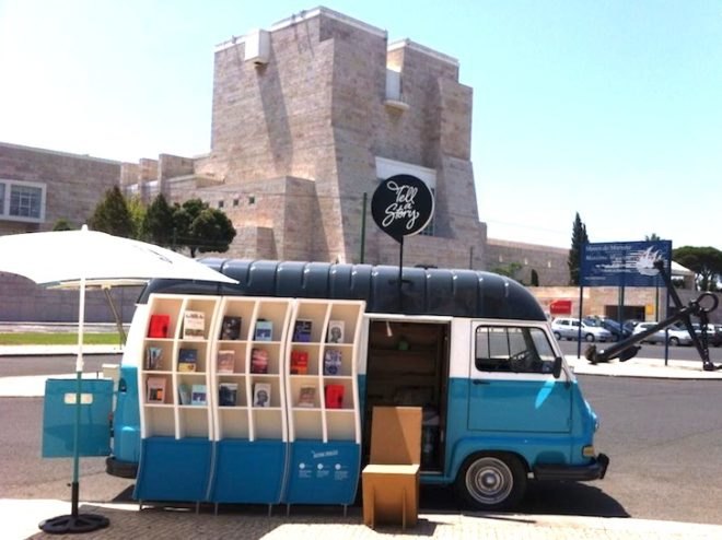 tell a story, nomadic lifestyle, portuguese bookstore, mobile bookstore in lisbon, recycled materials, adaptive reuse, geren design, sustainable design, eco-design, van converted into mini bookstore