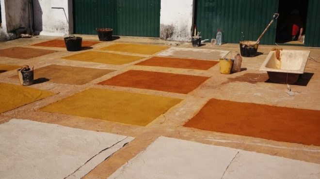 green building, natural materials, sustainable materials, clay paint, african colors, Portuguese summer cabana, natural materials, green design, sustainable design, eco-design, TerraPalha, thermal massing, jute panels for architecture,