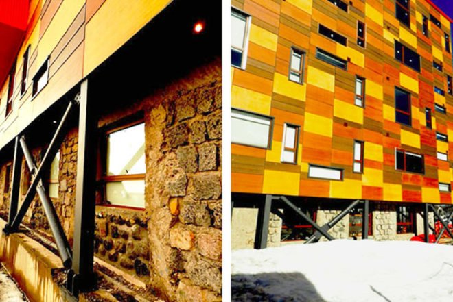 o2 arquitectos, restoration, hotel, Chile, Andes mountains, recycled wooden boards, pixilated facade, thermal waters, sustainable heating, Architecture, Daylighting, Recycled Materials, Green Materials,