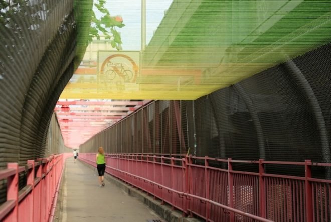 hottea, luna park, yarn bombing, williamsburg bridge, pedestrian walkway, rainbow thread, rainbow canopy, urban intervention, urban art, art installation