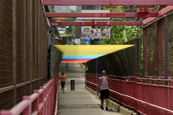 hottea, luna park, yarn bombing, williamsburg bridge, pedestrian walkway, rainbow thread, rainbow canopy, urban intervention, urban art, art installation