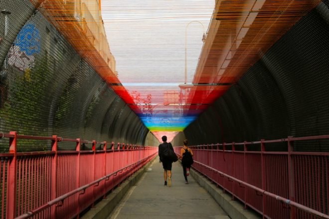 hottea, luna park, yarn bombing, williamsburg bridge, pedestrian walkway, rainbow thread, rainbow canopy, urban intervention, urban art, art installation