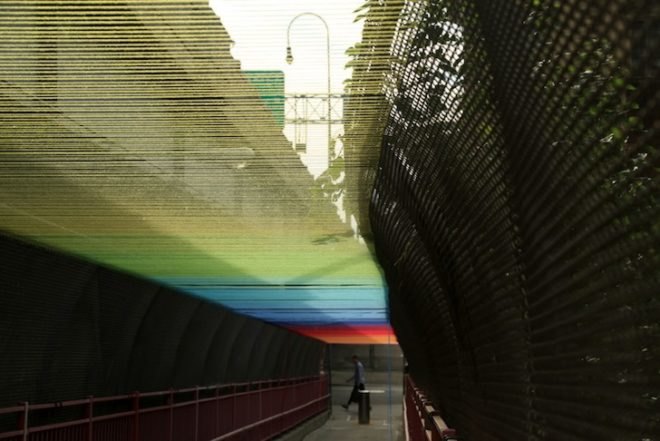 hottea, luna park, yarn bombing, williamsburg bridge, pedestrian walkway, rainbow thread, rainbow canopy, urban intervention, urban art, art installation