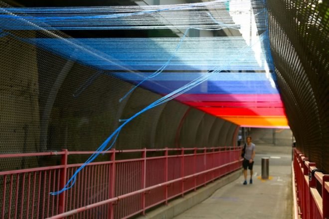 hottea, luna park, yarn bombing, williamsburg bridge, pedestrian walkway, rainbow thread, rainbow canopy, urban intervention, urban art, art installation