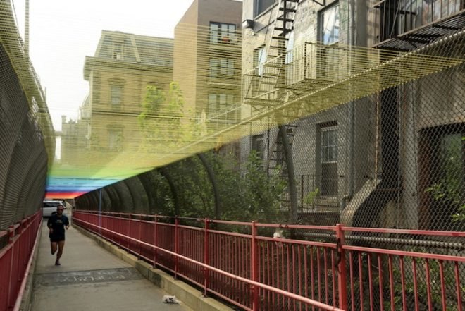 hottea, luna park, yarn bombing, williamsburg bridge, pedestrian walkway, rainbow thread, rainbow canopy, urban intervention, urban art, art installation