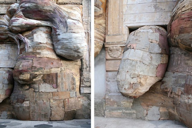 Henrique Oliveira, Architecture, Art, Recycled Materials, Casa dos Leões, recycled wood, plywood, tumors, peeled wood
