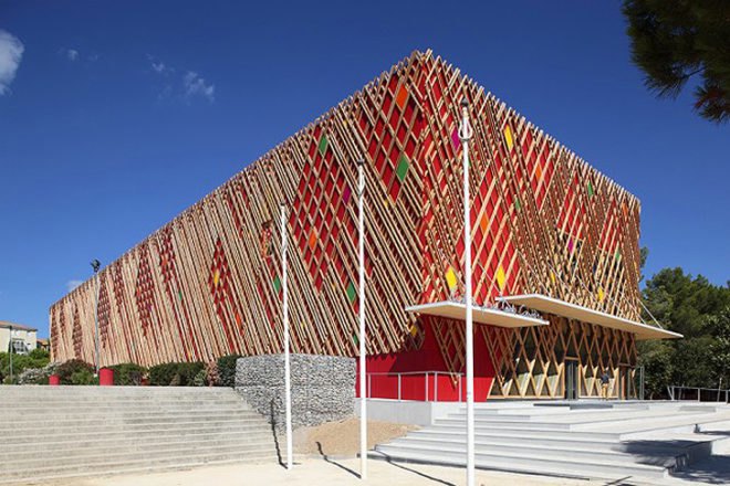 Jean-Claude Carrière Theater, A + architecture, A + architecture Montpellier, prefab architecture France, energy-efficient buildings, LED lighting, minimize carbon footprint, recyclable materials, recyclable building materials