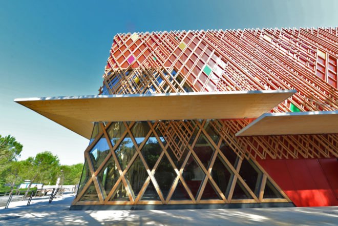 Jean-Claude Carrière Theater, A + architecture, A + architecture Montpellier, prefab architecture France, energy-efficient buildings, LED lighting, minimize carbon footprint, recyclable materials, recyclable building materials